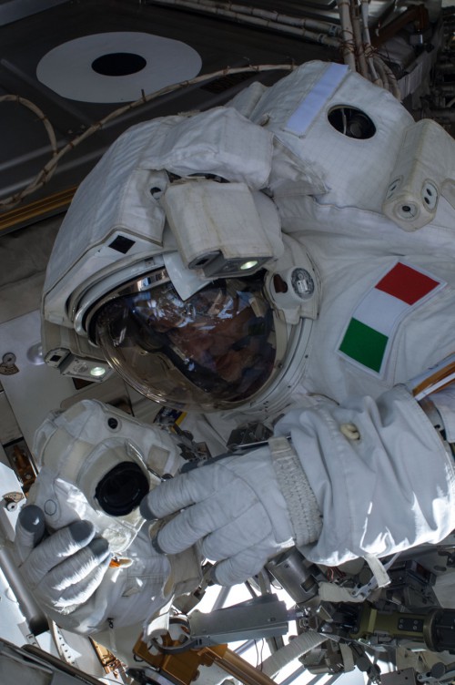 ESA astronaut Luca Parmitano works on the International Space Station in a July 16, 2013 spacewalk. A little more than one hour into the spacewalk, Parmitano reported water floating behind his head inside his helmet. The water was not an immediate health hazard for Parmitano, but Mission Control decided to end the spacewalk early. Photo Credit: NASA 