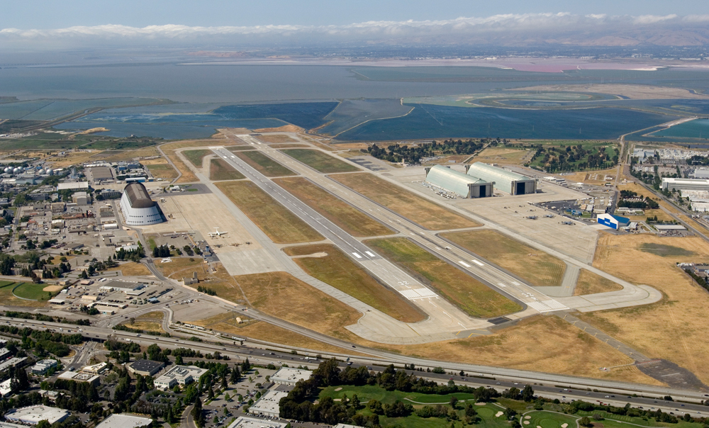 Aerial view of Moffett Federal Airfield in Mountain View, CA. Historic Hanger One is visible to the left of the image. Photo credit: NASA