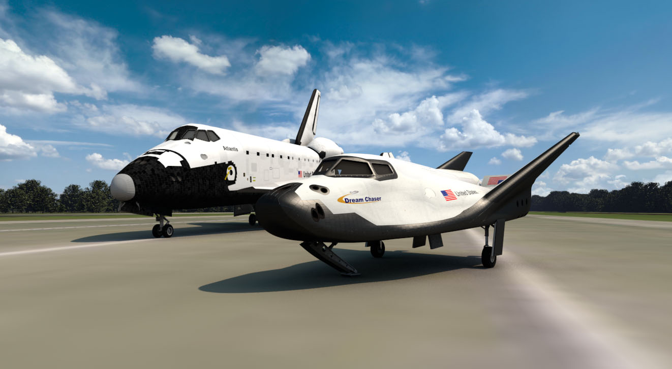Artist's rendering of Sierra Nevada's Dream Chaser sharing the runway with space shuttle Atlantis - the final shuttle to fly. Image Credit: SNC