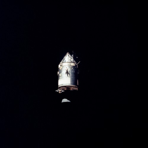 The Apollo 14 command and service module, Kitty Hawk, with the Service Propulsion System (SPS) engine clearly visible. Photo Credit: NASA