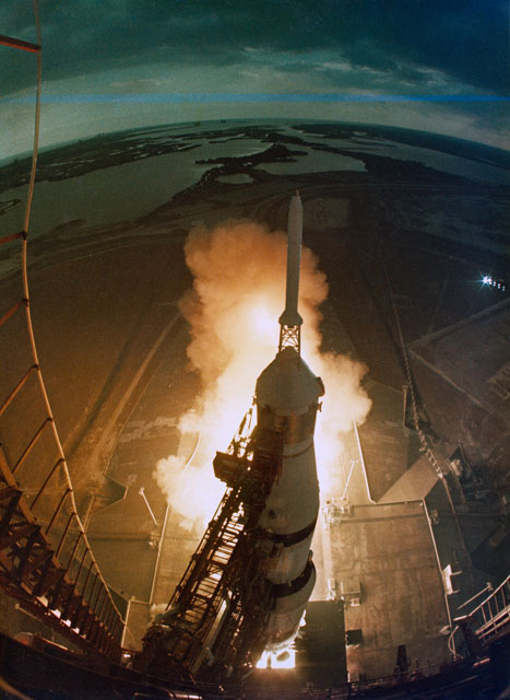 Beneath a gloomy sky, Apollo 14 takes flight on the afternoon of 31 January 1971. Photo Credit: NASA