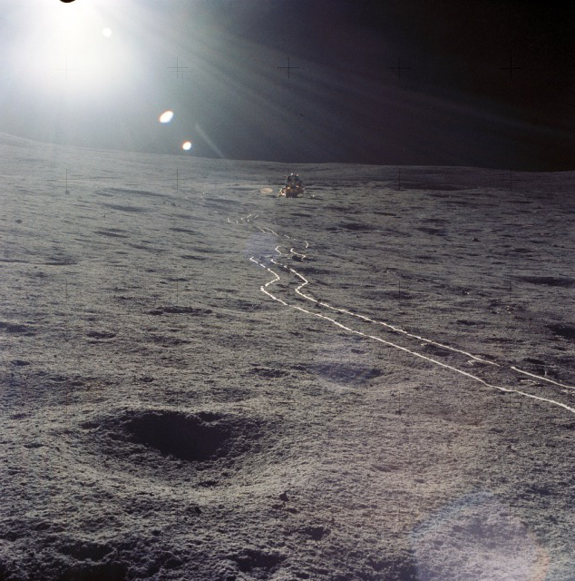 The desolation of the Fra Mauro site and the tracks of the Mobile Equipment Transporter (MET), as captured by one of the Apollo 14 astronauts. Photo Credit: NASA