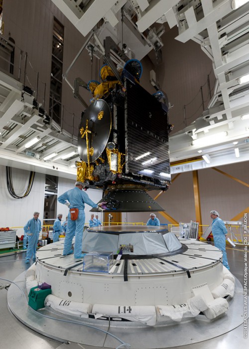The Athena-Fidus satellite is loaded into the lower portion of the SYLDA payload dispenser. Photo Credit: Arianespace