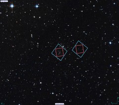 The locations of Hubble’s observations of the Abell 2744 galaxy cluster (left) and the adjacent parallel field (right) are plotted over a Digitized Sky Survey (DSS) image. The blue boxes outline the regions of Hubble’s visible-light observations, and the red boxes indicate areas of Hubble’s infrared-light observations. A scale bar in the lower left corner of the image indicates the size of the image on the sky. The scale bar corresponds to approximately 1/30th the apparent width of the full moon as seen from Earth. Astronomers refer to this unit of measurement as one arcminute, denoted as 1′. Image Credit: Digitized Sky Survey (STScI/NASA) and Z. Levay (STScI). Caption: frontierfields.org