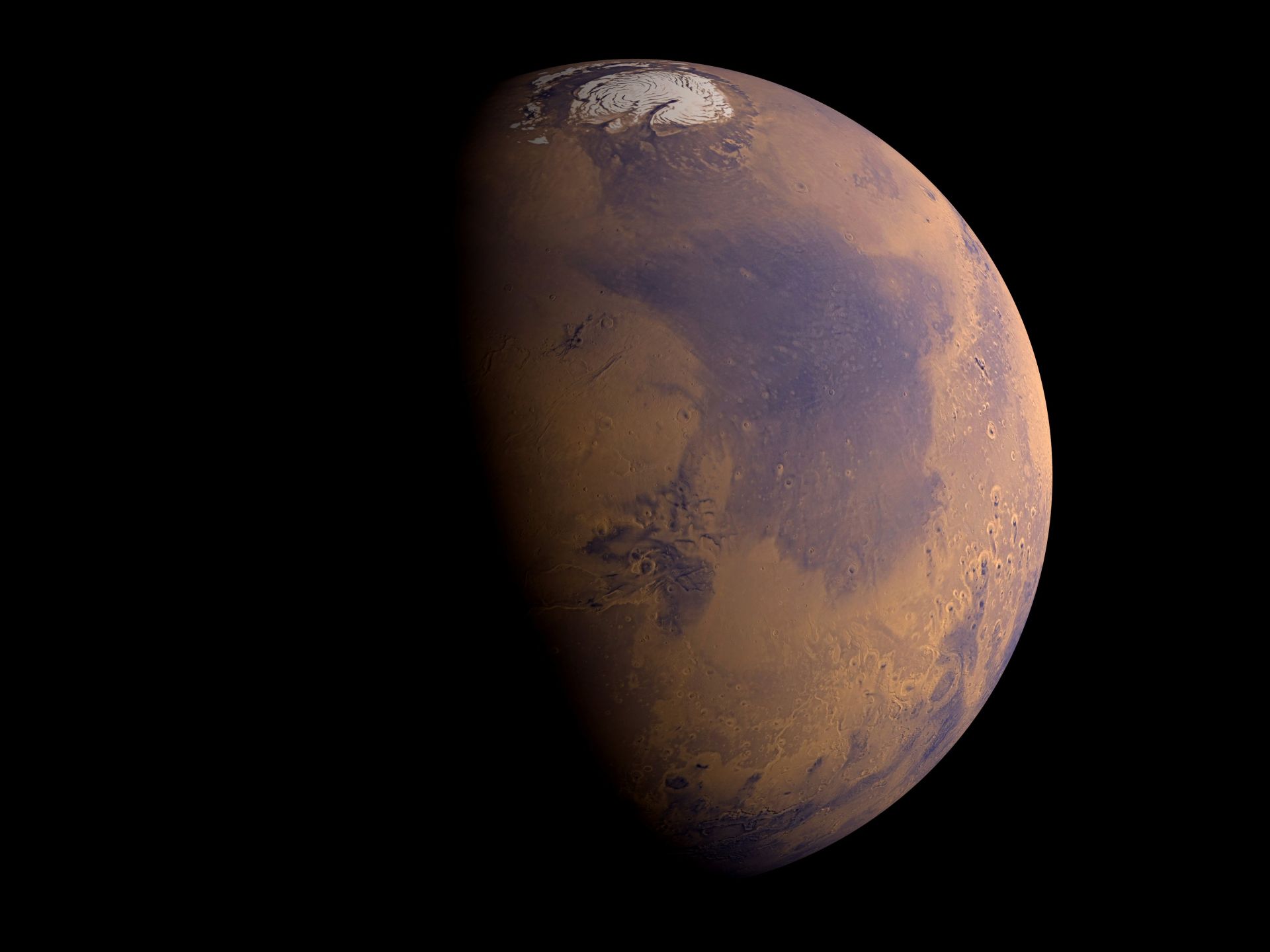 Artistic rendering of Mars, made from images taken with NASA's Mars Global Surveyor spacecraft. Image Credit: Kees Veenenbos/MOLA Science Team/NASA