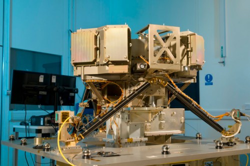 The Mid-Infrared Instrument undergoing alignment testing at the Rutherford Appleton Laboratory Space in Oxfordshire, U.K. Photo Credit: RAL