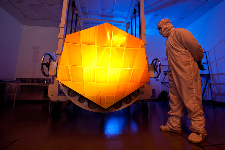 The James Webb Space Telescope's Engineering Design Unit (EDU) primary mirror segment, coated with gold by Quantum Coating Incorporated. Credit: Photo by Drew Noel