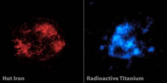 The pattern of radioactive titanium observed by NuSTAR (right) does not match the pattern of heated iron seen by NASA's Chandra X-ray Observatory (left). Image Credit/Caption: Image Credit: NASA/JPL-Caltech/CXC/SAO 