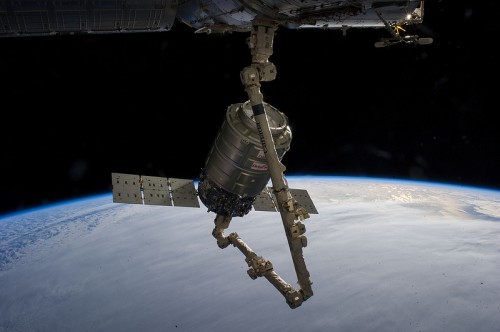 Grappled by Canadarm2, the ORB-1 Cygnus craft is readied for berthing at the nadir port of the Harmony node in 12 January. Tomorrow, it will conclude its mission with a destructive re-entry over the Pacific Ocean. Photo Credit: NASA