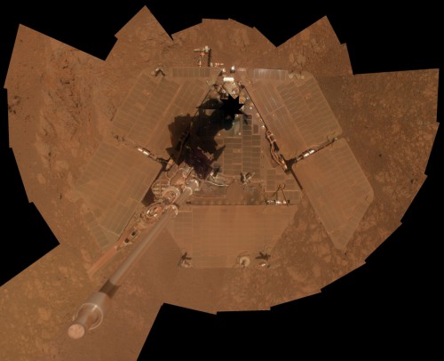 NASA's Mars Exploration Rover Opportunity recorded the component images for this self-portrait about three weeks before completing a decade of work on Mars. The rover's panoramic camera (Pancam) took the images during the interval Jan. 3, 2014, to Jan. 6, 2014, a few days after winds removed some of the dust that had been accumulating on the rover's solar panels. Photo Credit: NASA/JPL-Caltech/Cornell Univ./Arizona State Univ.