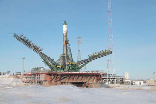 Encapsulated within the payload shroud of its Soyuz-U booster, Progress M-22M stands vertical at Site 1/5 at the Baikonur Cosmodrome on Monday, 3 February. Photo Credit: Roscosmos press service