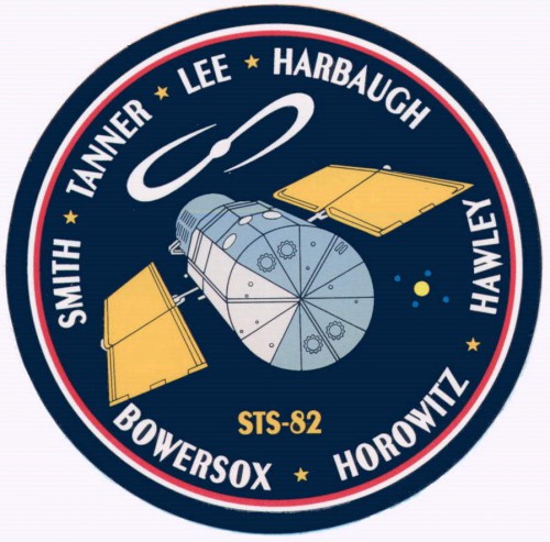 Borrowing the image of the Hubble Space Telescope (HST) from an actual photograph acquired by the STS-61 SM-1 crew, the patch for the SM-2 mission included the surnames of its seven astronauts: Ken Bowersox, Scott 'Doc' Horowitz, Joe Tanner, Steve Hawley, Mark Lee, Greg Harbaugh and Steve Smith. Image Credit: NASA