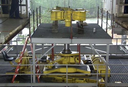 A RS-25 thrust frame adapter is positioned into place for mounting onto the A-1 Test Stand at NASA’s Stennis Space Center. Image Credit: NASA/SSC