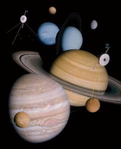 An artistic rendering of the Solar System’s outer planets and moons, made from actual images taken by the twin Voyager spacecraft. Image Credit: Don Davis