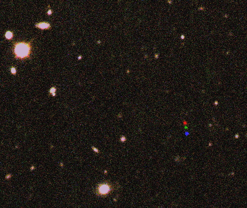 The discovery images of 2012 VP113. Three images of the night sky, each taken about 2 hours apart, were combined into one. The first image was artificially colored red, second green and third blue.  2012 VP113 moved between each image as seen by the red, green and blue dots.  The background stars and galaxies did not move and thus their red, green and blue images combine to show up as white sources. Image Credit/Caption: Scott Sheppard/Carnegie Institution for Science