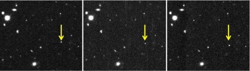 These images show the discovery of 2012 VP113 taken about 2 hours apart on Nov. 5, 2012. The motion of 2012 VP113 stands out compared to the steady state background of stars and galaxies. Image Credit: Scott Sheppard/Carnegie Institution for Science