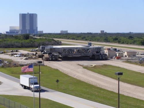 The giant crawler parked next to the crawlerway after delivering space shuttle Endeavour to pad 39A for STS-126. Photo Credit: Mike Killian / AmericaSpace