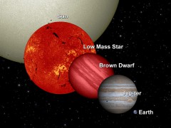 Size comparison of the Sun, a red dwarf star, a brown dwarf, Jupiter and Earth. Sizes are to scale. Image Credit: NASA/JPL-Caltech/UCB