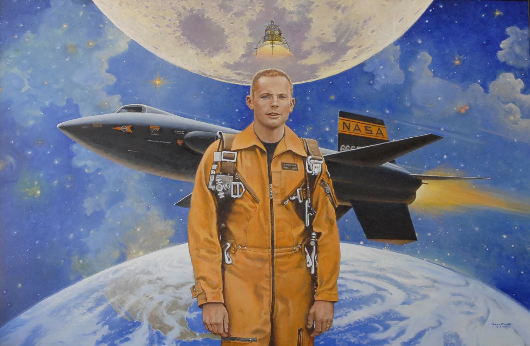 This painting by artist Robert McCall sums up Neil A. Armstrong's achievements in aviation and spaceflight history. NASA Dryden Flight Research Center was renamed after Armstrong, who died in 2012, on Saturday, March 1. Image Credit: NASA (painting by Robert McCall)