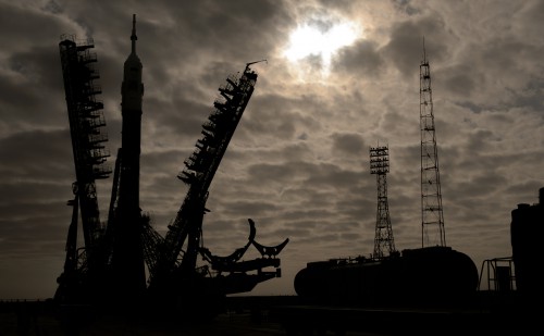 The Soyuz vehicle, a direct descendent of the rocket which once carried Yuri Gagarin into space, is raised to the vertical at the Baikonur Cosmodrome on Sunday, 23 March. Photo Credit: NASA