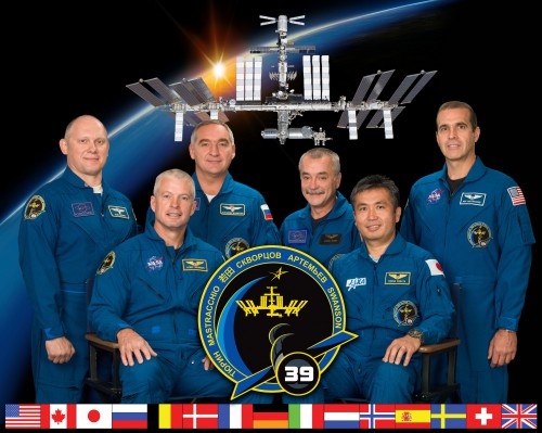 With the arrival of the Soyuz TMA-12M crew, Expedition 39 aboard the International Space Station (ISS) will expand to six members. Seated are Swanson (left) and Commander Koichi Wakata, with flight engineers Oleg Artemyev, Aleksandr Skvortsov, Mikhail Tyurin and Rick Mastracchio standing. Photo Credit: NASA