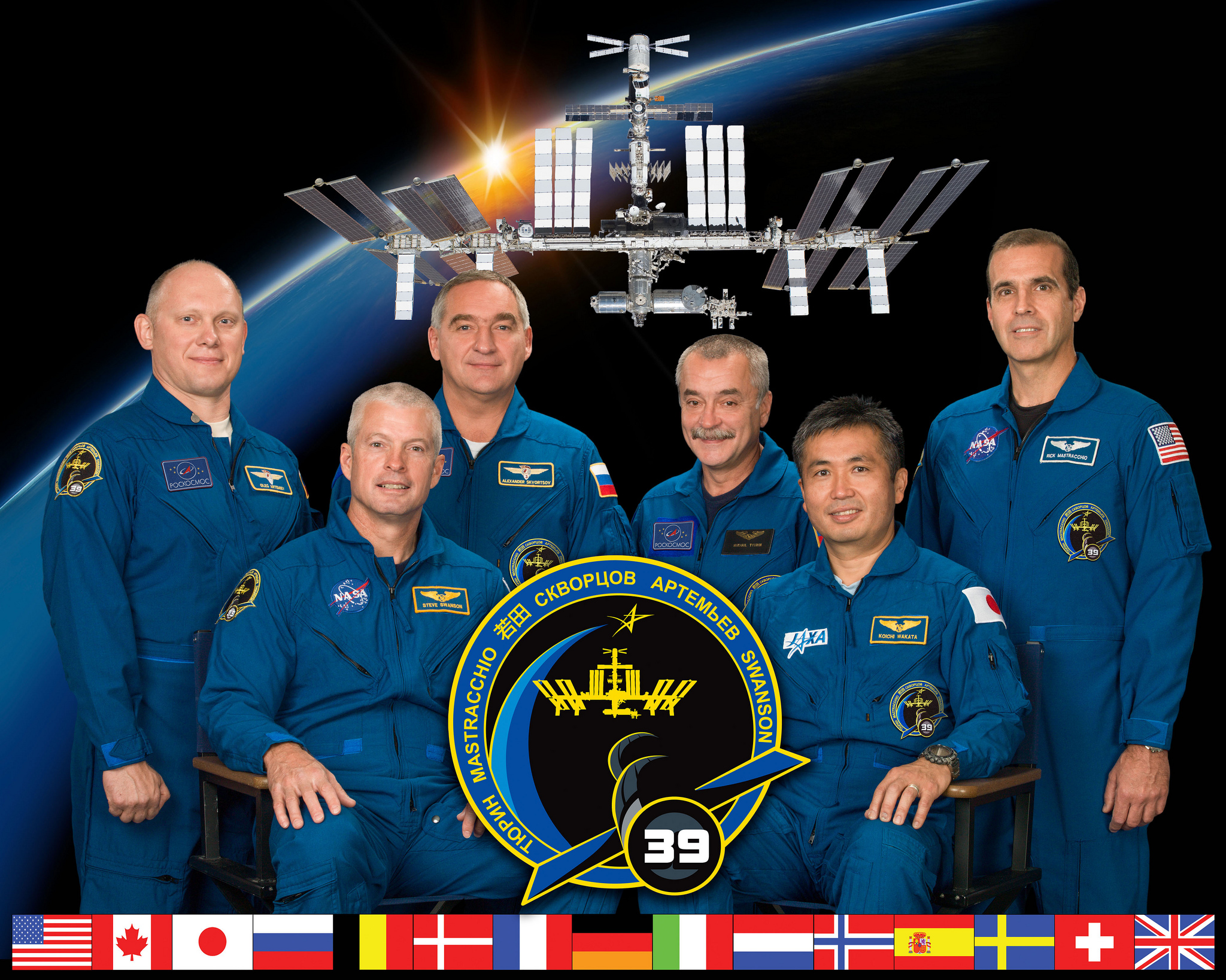 With the arrival of the Soyuz TMA-12M crew, Expedition 39 aboard the International Space Station (ISS) has expanded to six members. Seated are Swanson (left) and Commander Koichi Wakata, with flight engineers Oleg Artemyev, Aleksandr Skvortsov, Mikhail Tyurin and Rick Mastracchio standing. Photo Credit: NASA