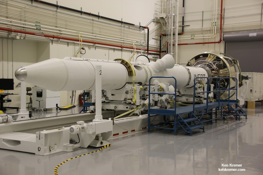 Launch Abort System (LAS) for Orion EFT-1 on view inside the Launch Abort System Facility at KSC. Credit: Credit: Ken Kremer/kenkremer.com