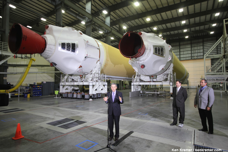 Kennedy Space Center Director Bob Cabana spoke to the media about the arrival of  two ULA Delta IV heavy boosters at Cape Canaveral, FL, for Orion Exploration Flight Test-1 (EFT-1) mission along with NASA Associate Administrator Robert Lightfoot and Tony Taliancich, ULA director of East Coast Launch Operations. Credit: Ken Kremer/kenkremer.com