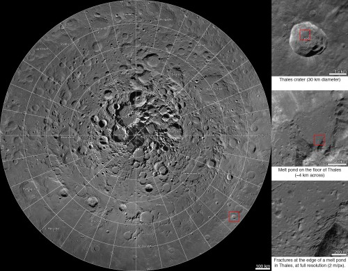A new interactive mosaic from NASA's Lunar Reconnaissance Orbiter covers the north pole of the moon from 60 to 90 degrees north latitude at a resolution of 6-1/2 feet (2 meters) per pixel. Close-ups of Thales crater (right side) zoom in to reveal increasing levels of detail. Image Credit: NASA/GSFC/Arizona State University 