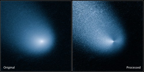 The images above show -- before and after filtering -- comet C/2013 A1, also known as Siding Spring, as captured by Wide Field Camera 3 on NASA's Hubble Space Telescope. Image Credit: NASA, ESA, and J.-Y. Li (Planetary Science Institute)
