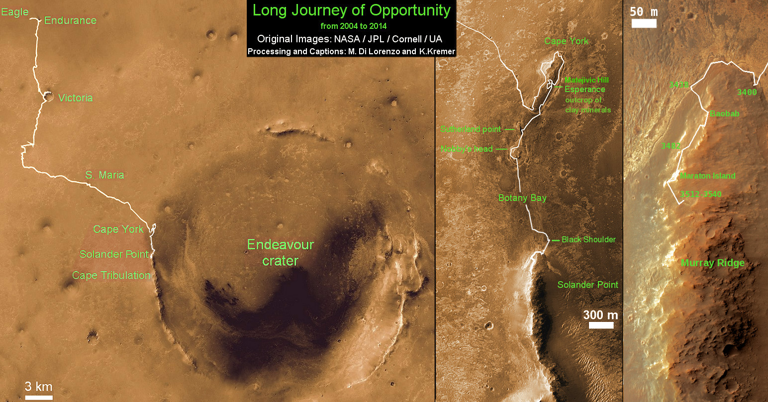Traverse Map for NASA’s Opportunity rover from 2004 to 2014. This map shows the entire path the rover has driven during a decade on Mars and over 3560 Sols, or Martian days, since landing inside Eagle Crater on Jan 24, 2004 to current location by Solander Point summit at the western rim of Endeavour Crater. Rover will spend 6th winter here atop Solander. Opportunity discovered clay minerals at Esperance – indicative of a habitable zone. Credit: NASA/JPL/Cornell/ASU/Marco Di Lorenzo/Ken Kremer – kenkremer.com