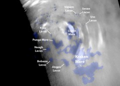 An image of the northern lakes of Titan (shown in blue) taken in 2013 by Cassini's Visible and Infrared Mapping Spectrometer. Image Credit: NASA/JPL-Caltech/SpaceRef.com