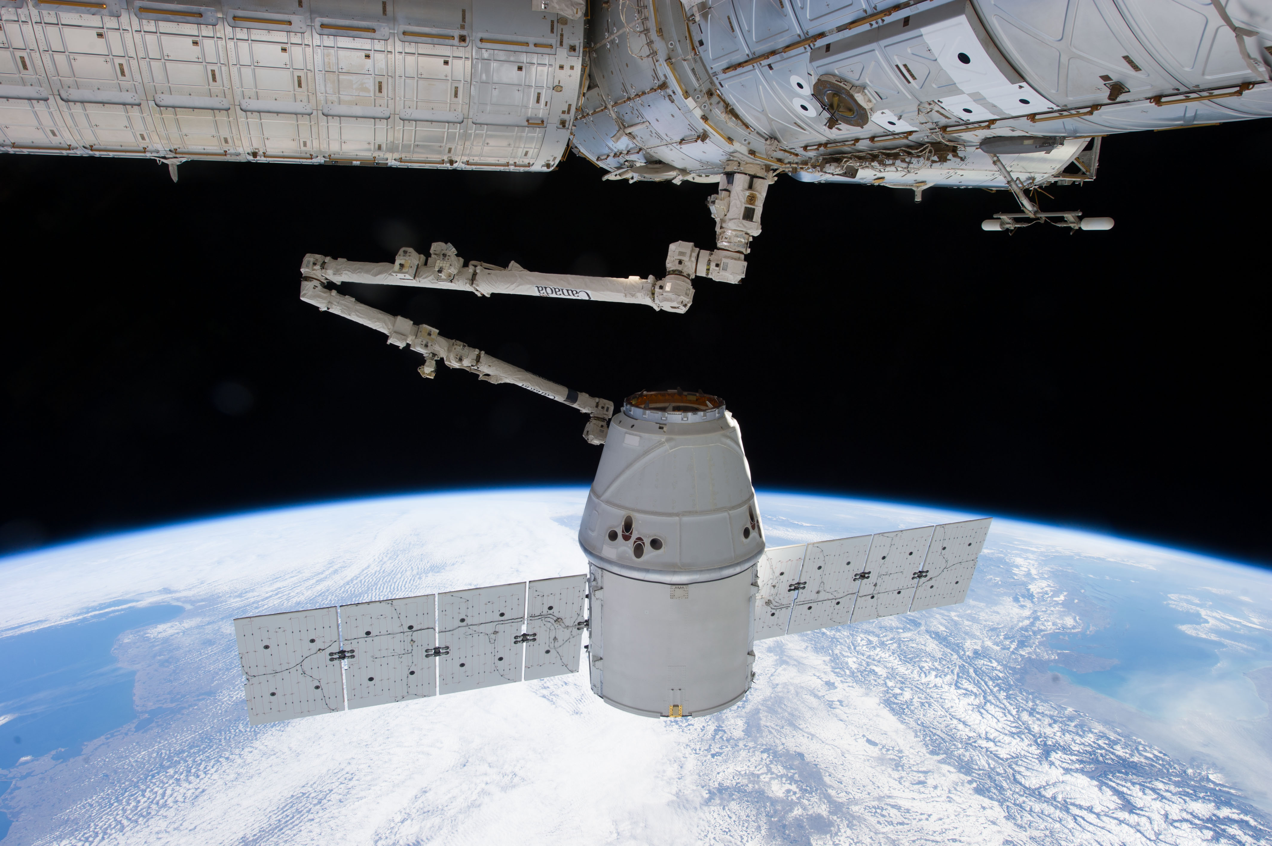 SpaceX's Dragon capsule berthed at the International Space Station (ISS) during the CRS-2 mission in early 2013.  SpaceX President Gwynne Shotwell discussed the upcoming CRS-3 mission on The Space Show. Photo Credit: NASA
