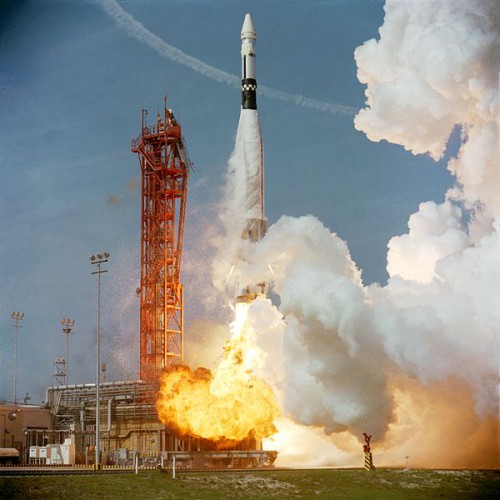 Gemini VIII's target, the Agena vehicle, is launched from Cape Kennedy atop an Atlas rocket on 16 March 1966. Photo Credit: NASA