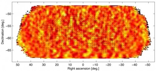 Image of tiny temperature fluctuations in the cosmic wave background, which show density fluctuations in the early universe. Image Credit: BICEP2 Collaboration
