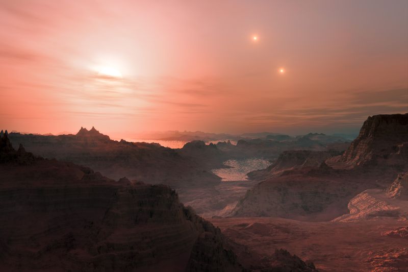 An artist's impression of a sunset on Gliese 667 Cc, a habitable Super Earth-sized planet around the triple star system Gliese 667, located 22 light-years away from Earth. Are views such as this envisioned here, common in planets around red dwarfs stars in the galaxy? Image Credit: ESO/L. Calçada