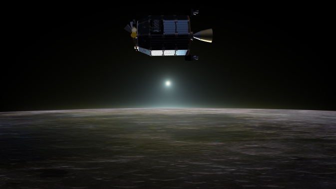 Artist’s concept of NASA's Lunar Atmosphere and Dust Environment Explorer (LADEE) spacecraft in orbit above the moon as dust scatters light during the lunar sunset. Image Credit/Caption: NASA Ames / Dana Berry