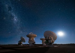 Four antennas of the Atacama Large Millimeter/submillimeter Array (ALMA) in Chile. The recently completed array, comprised of 66 radio dishes, is expected to join the Event Horizon Telescope project in the near future, greatly increasing its observing sensitivity. Image Credit: ESO/José Francisco Salgado