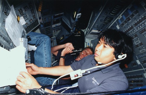 Koichi Wakata and NASA astronaut Brent Jett work together in the shuttle simulator during STS-72 pre-flight training. This mission, in January 1996, retrieved Japan's Space Flyer Unit (SFU) from orbit. Photo Credit: NASA 