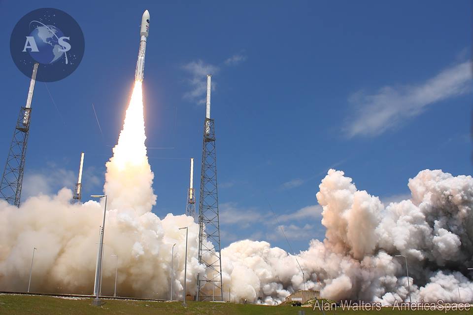 A ULA Atlas-v rocket thunders skyward from Cape Canaveral AFS with a top-secret payload for the National Reconnaissance Office on Thurs., April 10 2014. Mission designate NROL-67. Photo Credit: AmericaSpace / Alan Walters