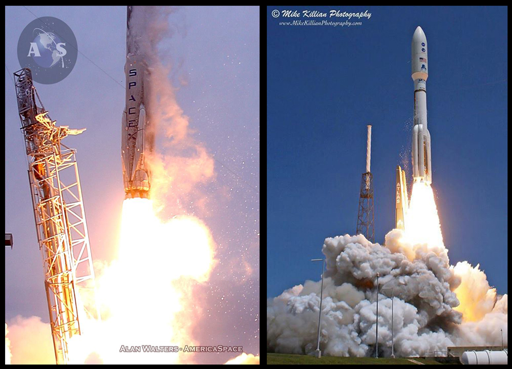 A SpaceX Falcon-9 rocket (left) and a ULA Atlas-V (right). SpaceX is filing a lawsuit against the Federal Government for the right to compete for Department of Defense and other government launch contracts, which ULA currently has a monopoly over. Photo Credits: AmericaSpace / Alan Walters / Mike Killian