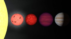 An artist's impression depicting the way that different stellar and sub-stellar objects would appear in visible light. From left to right: the Sun, M-type, L-type and T-type brown dwarfs and Jupiter. Sizes not to scale. Image Credit: NASA/ARC/Robert Hurt