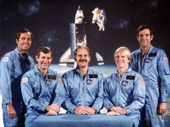The crew of Mission 41C. From the left are Bob Crippen, Terry Hart, James "Ox" van Hoften, George "Pinky" Nelson and Dick Scobee. Photo Credit: NASA, via Joachim Becker/SpaceFacts.de