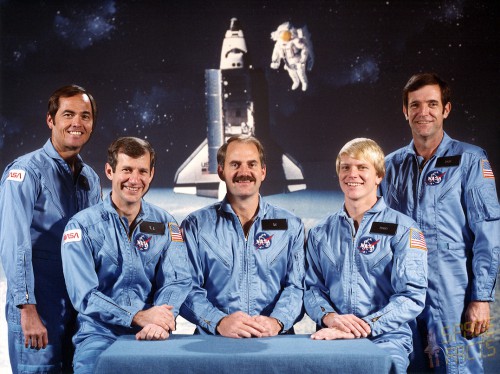 The crew of Mission 41C. From the left are Bob Crippen, Terry Hart, James "Ox" van Hoften, George "Pinky" Nelson and Dick Scobee. Photo Credit: SpaceFacts.de