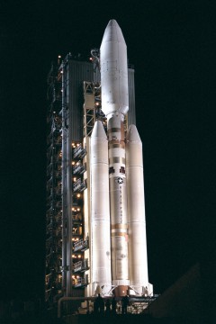 The Cassini-Huygens spacecraft sits atop a Titan IV(401)B in late 1997. The spacecraft began its journey from Cape Canaveral Air Force Station's Complex 40 on October 15 that year. Photo Credit: NASA