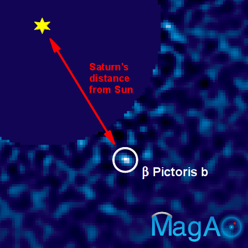 An image of the exoplanet Beta Pictoris b made with the Magellan Adaptive Optics (MagAO) VisAO camera. This image was made using a CCD camera, which is essentially the same technology as a cell phone camera. The planet is nearly 100,000 times fainter than its star, and orbits its star at roughly the same distance as Saturn from our Sun. Image Credit/Caption: Jared Males/UA