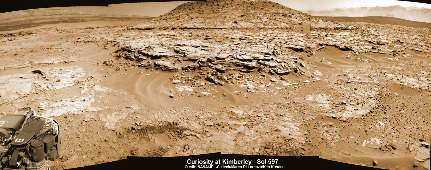 Curiosity Mars rover captured this panoramic view of a butte called "Mount Remarkable" and surrounding outcrops at “The Kimberley " waypoint on April 11, 2014. Colorized navcam photomosaic was stitched by Marco Di Lorenzo and Ken Kremer.  Credit: NASA/JPL-Caltech/Marco Di Lorenzo/Ken Kremer - kenkremer.com