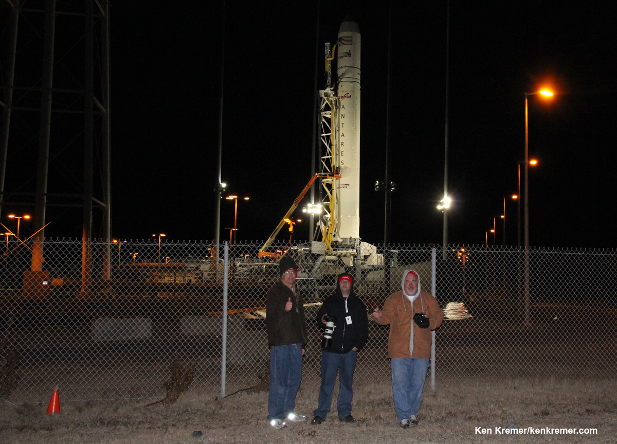 Space journalists Ken Kremer, Mike Killian  and Alan Walters  of AmericaSpace setting remote cameras at Antares launch pad amidst bone chilling cold for Jan. 9, 2014 blastoff on the Orb-1 mission to the ISS from NASA Wallops, VA.  Credit: Ken Kremer - kenkremer.com