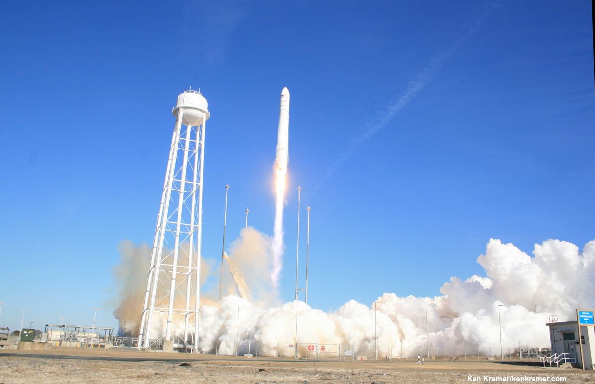 Orbital Sciences Antares rocket and Cygnus resupply ship soar to space on Jan. 9, 2014 from NASA Wallops on Virginia coast on the Orb-1 mission to the ISS.  Antares next launch is slated for mid June 2014. Photo taken by remote camera at launch pad. Credit: Ken Kremer - kenkremer.com