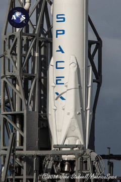 The CRS-5 Dragon launch is currently scheduled to occur no sooner than 6:20:29 a.m. EST Tuesday, 6 January. The landing legs are clearly visible in this perspective from the CRS-3 pre-launch preparations in April 2014. Photo Credit: John Studwell/AmericaSpace